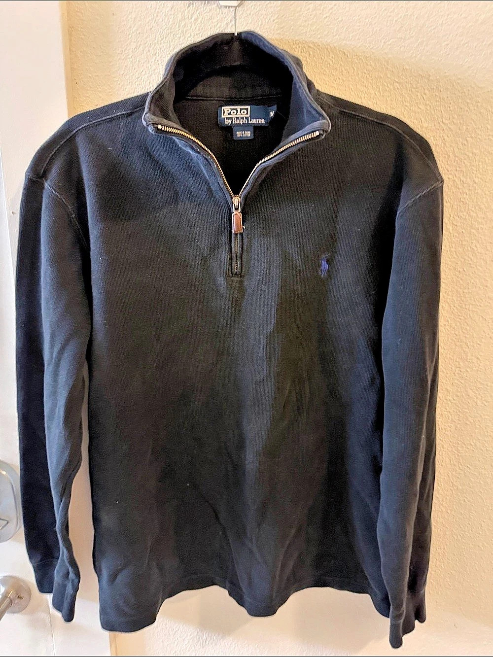 Polo Ralph Lauren Men’s M Black Quarter Zip Pullover Blue Pony Cotton